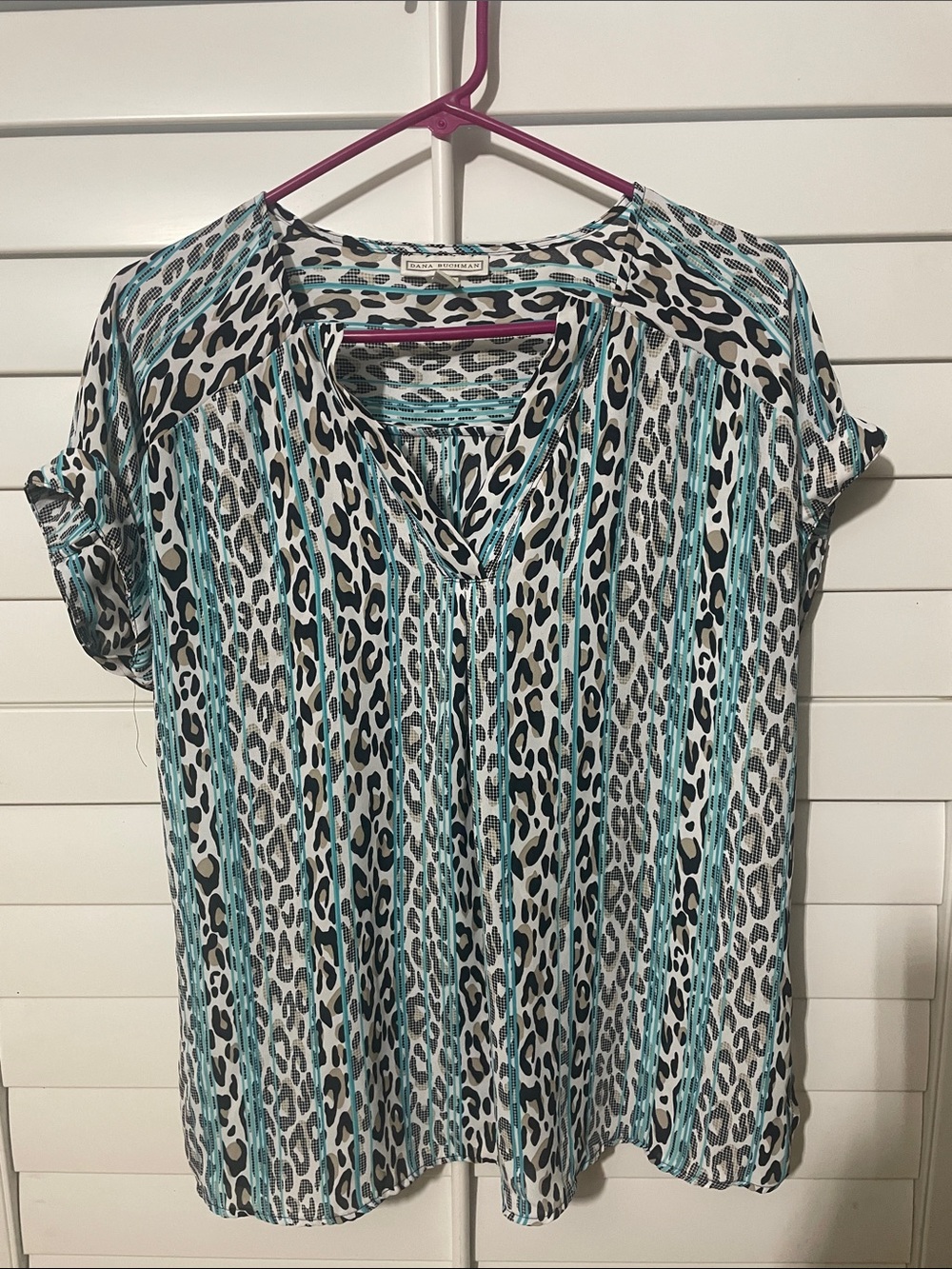Dana Buchman Teal White Black Leopard Stripe V-Neck Blouse